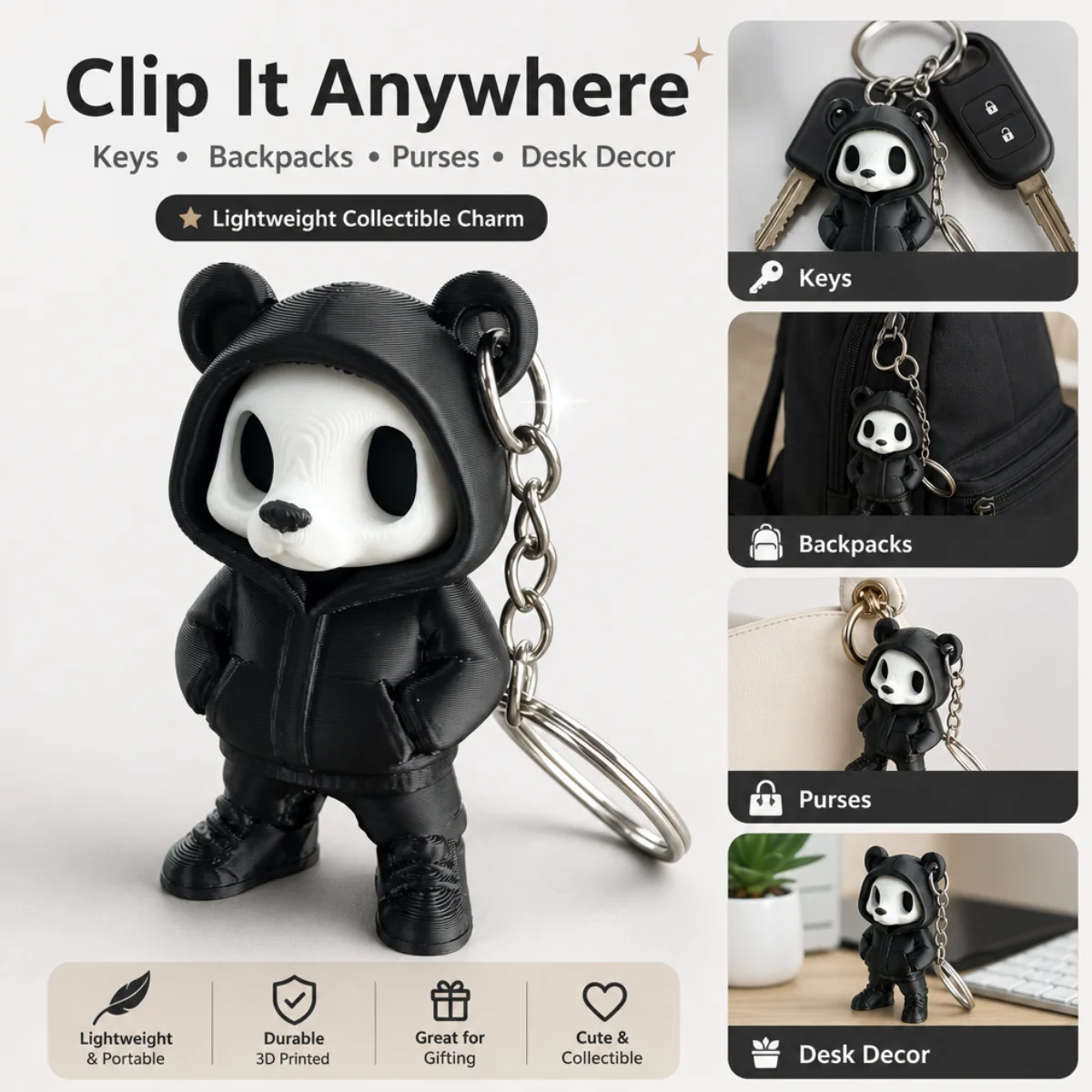 1Pc 3D‑Printed Halloween Hooded Panda Skull Keychain,Eco‑Friendly PLA Street‑Style Bag Charm,Cool Gothic Figurine Pendant