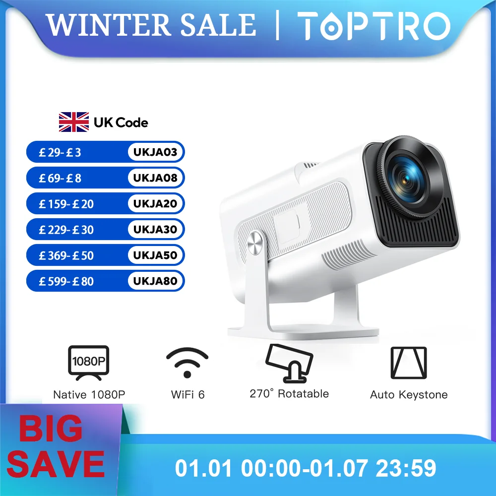 TOPTRO Mini Portable Projector 4K Support 20000 Lumens Full HD 1080P Native 270° Rotating Projector Home Theater Projector