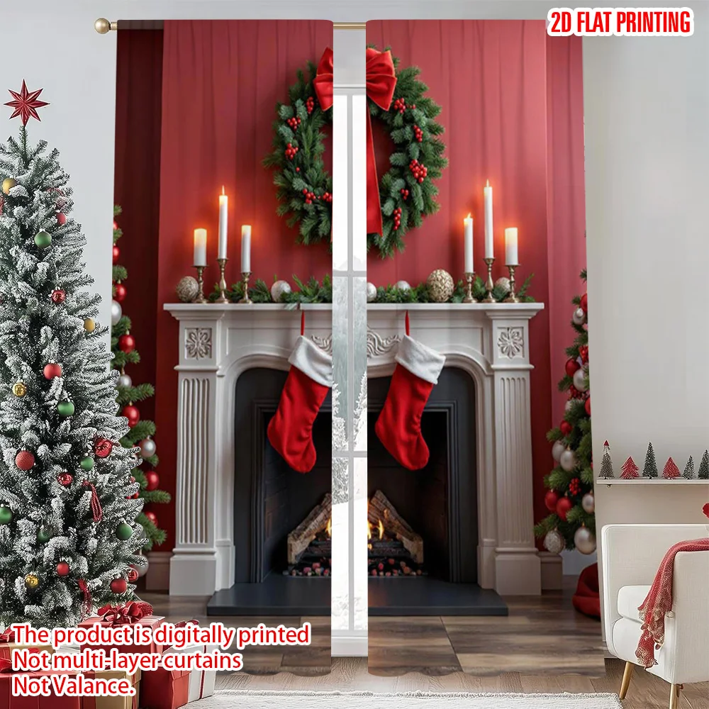 

2pcs 2D flat printing Christmas Drapes Fireplace View Merry Christmas Durable 100% Polyester Fabric Without Electricity Spring