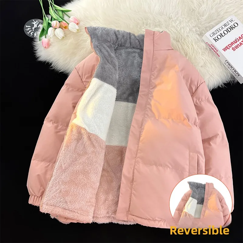 

Winter Cotton Jacket, Double-sided Wear, Color Blocked Lamb Wool, Warm and Wind Resistant Cotton Coat, Stand Collar Chaquetas