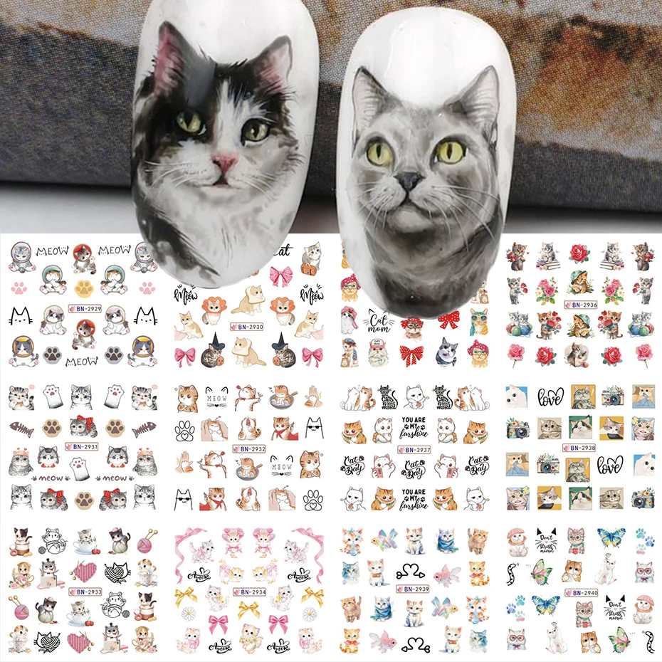 12種類の可愛い漫画風動物ウォーターネイルステッカー、カワイイ猫の漫画柄ネイルデカール、ネイルアートデコレーションDIYに最適