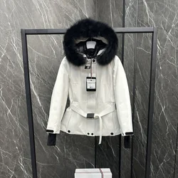 Chaqueta de plumón de Invierno para mujer, traje de esquí a prueba de viento, abrigo de ocio 100% natural de piel de zorro de gran tamaño, relleno de plumón de ganso blanco de alta calidad 95%