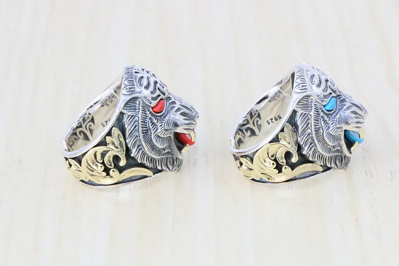 Punk style pure silver tiger head ring wide face men's nightclub accessories domineering retro Thai silver index finger personal