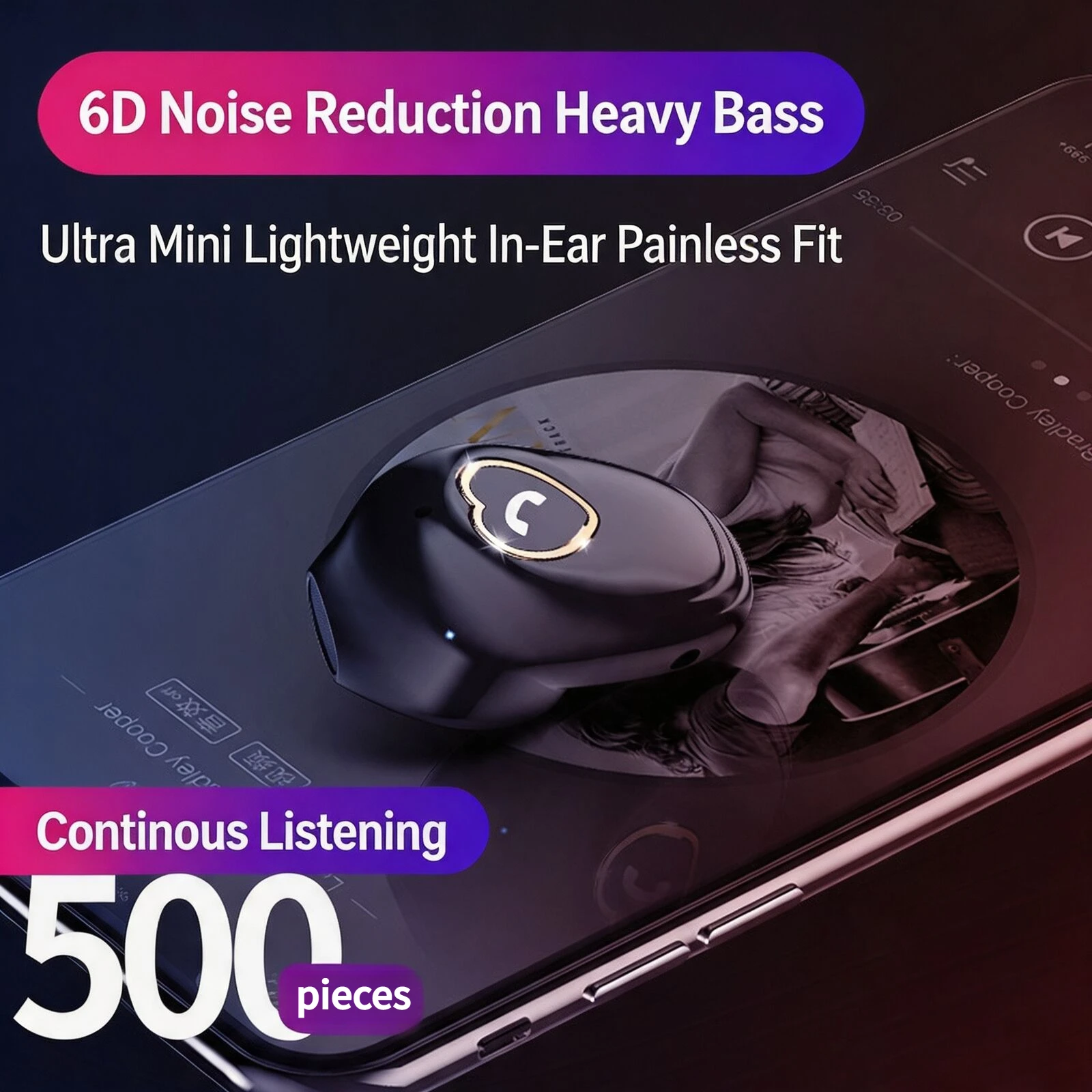 Mini Single In Ear Earphones Bluetooth 4.2 Ultra Light 3.6g Love Button Long Battery Life Stereo Sound Intelligent Voice Prompts