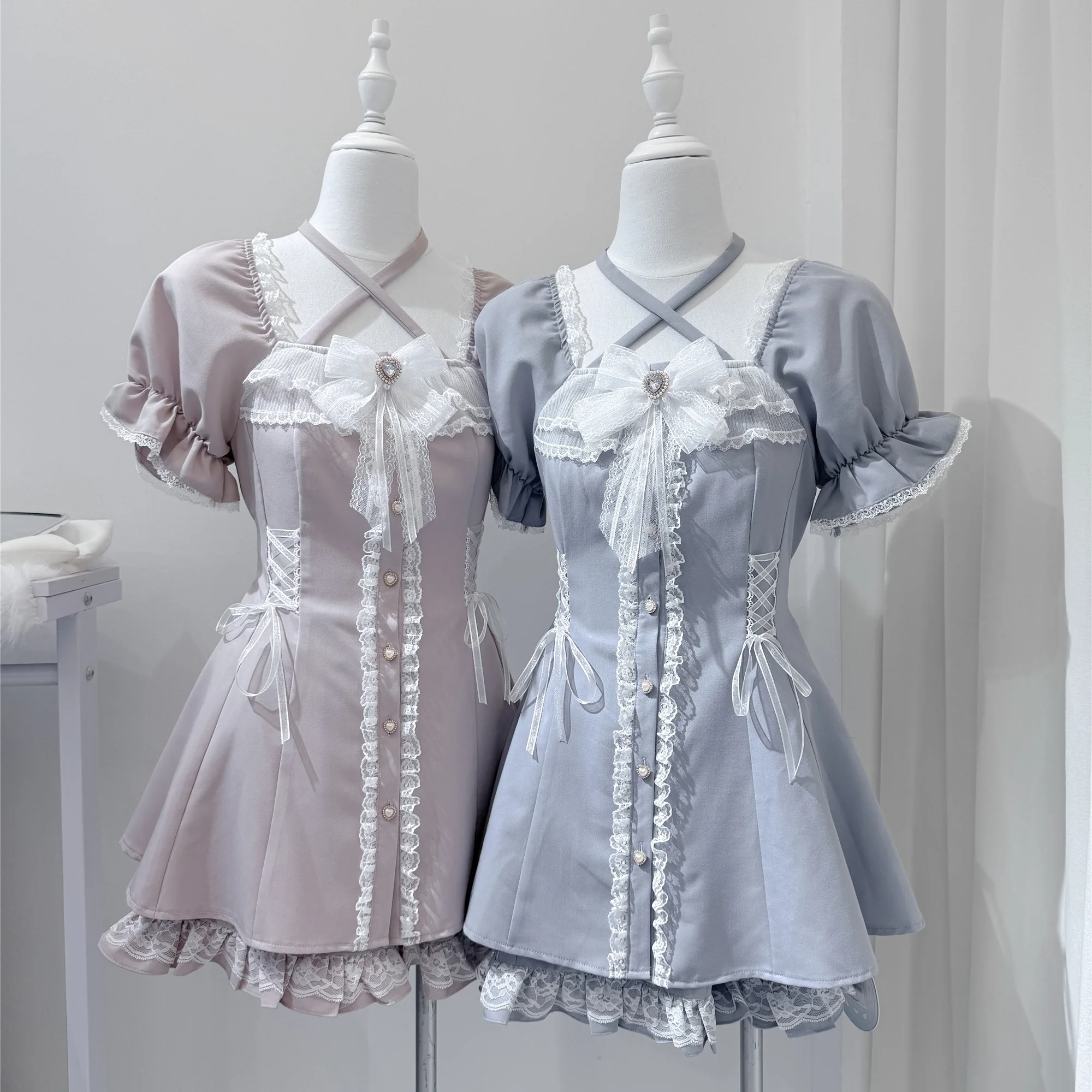 和風ミネロリータ半袖ワンピース＆ショートパンツ2点セット 2025年新作 女の子 女性向け 可愛いキュートな蝶結びホルターネックワンピースセット