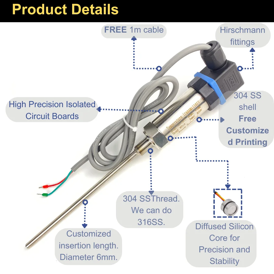 Hersman plug-in integrated temperature transmitter 4-20ma output thermal resistance PT100 sensor