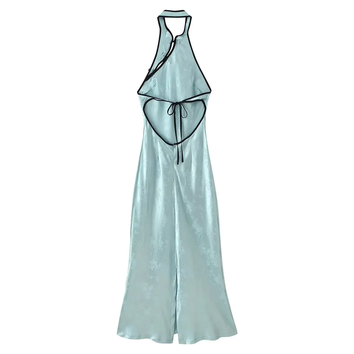 2026 Summer Women's Elegant Chinese Knot Button Sleeveless Jacquard Halter Midi Dress Lady Vintage A-line Floral Backless Robe view 2