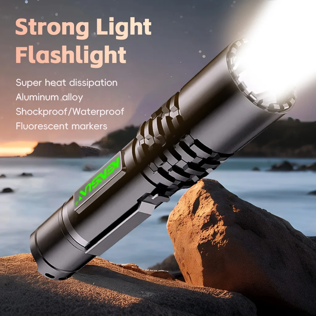

High power LED flashlight, strong light, ultra bright aluminum alloy flashlight, rechargeable waterproof with fluorescent logo