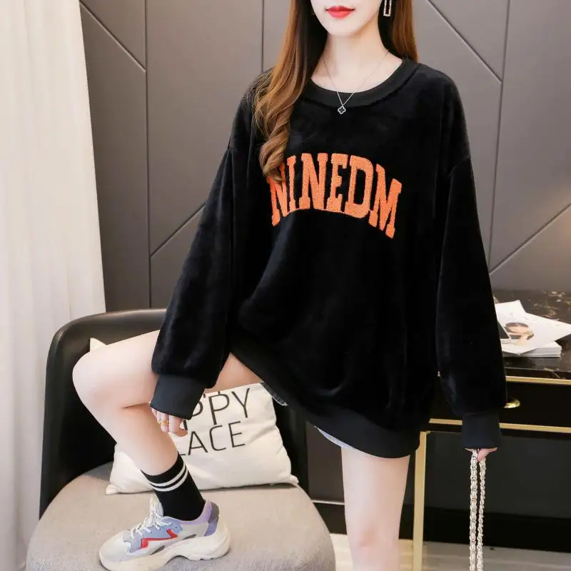 Double Sided Fleece Jacquard Embroidered Letters Ninedm Woman's Sweatshirt Loose Long Sleeves Autumn Winter New Female Pullover