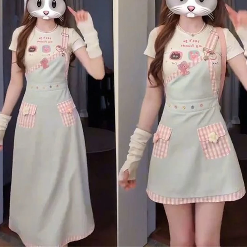 

Sweet Japanese Preppy Style Two Piece Sets Y2k Aesthetic Cute O Neck Short Sleeve All Match Thin T Shirt Harajuku Straps Dress