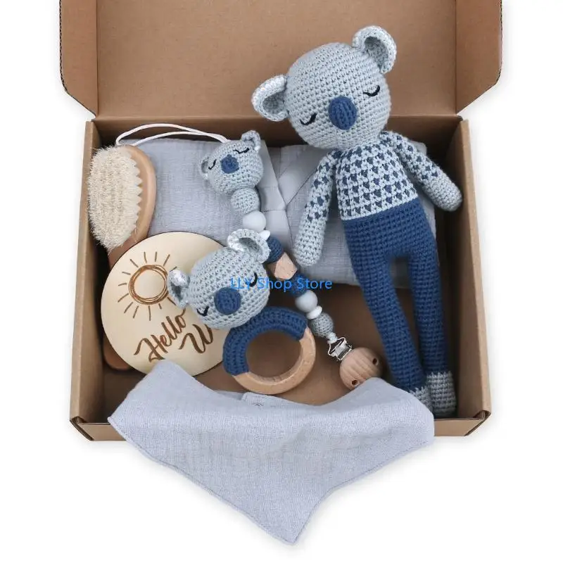 

T8UD Upgraded Koala-series Baby Toy Set Babies Hair Brush Pacifier-chain Ring-Teether Baby Blanket Newborn Bibs 7-Piece/set