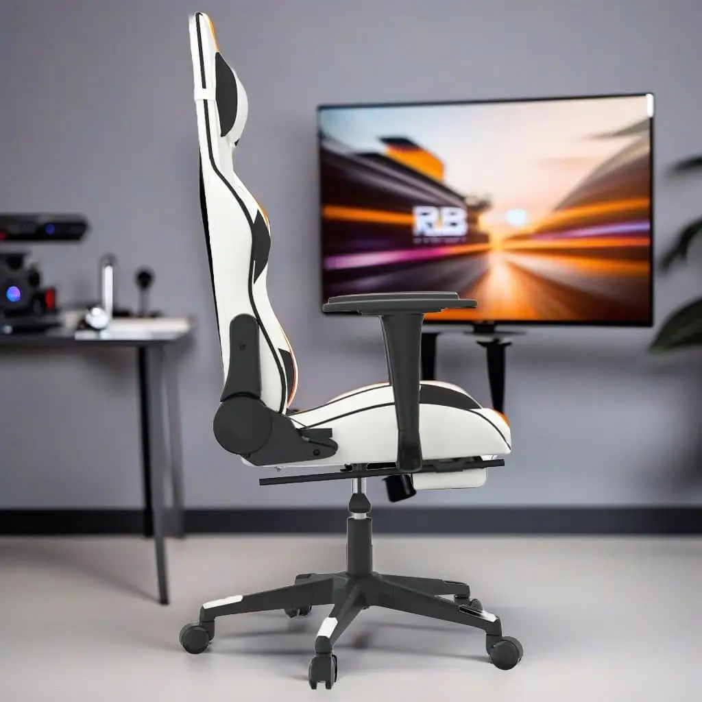 

Ergonomic Gaming Chair with Footrest in Stylish White & Black Faux Leather