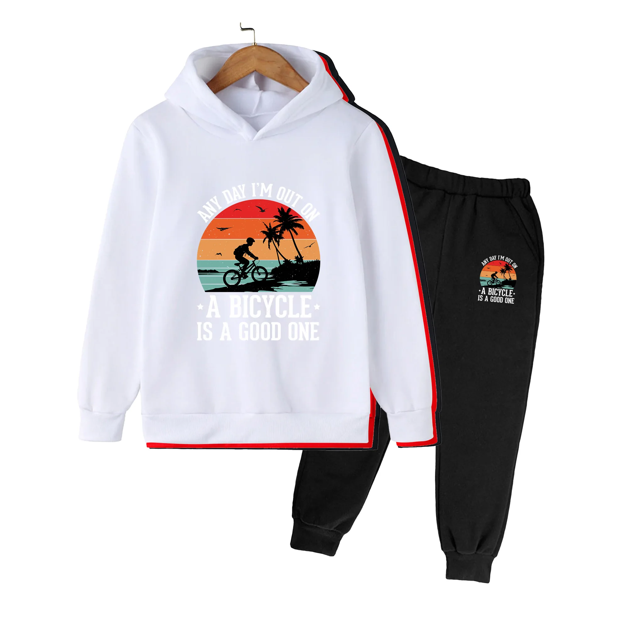 Kids Hoodie & Sweatpants Set, Vintage Sunset Beach Bicycle Print Casual Sportswear for Boys Girls