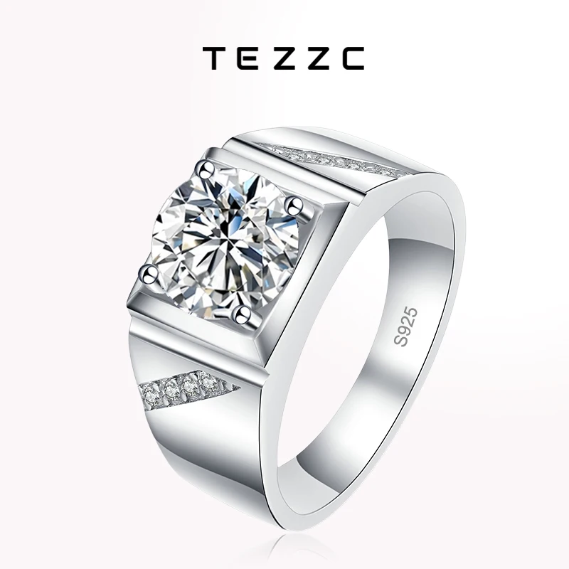 Tezzc 1ct 2ct D VVS1 Moissanite Ring for Men S925 Sterling Silver Round Brilliant Male Lab Diamonds Wedding Ring Jewelry GRA