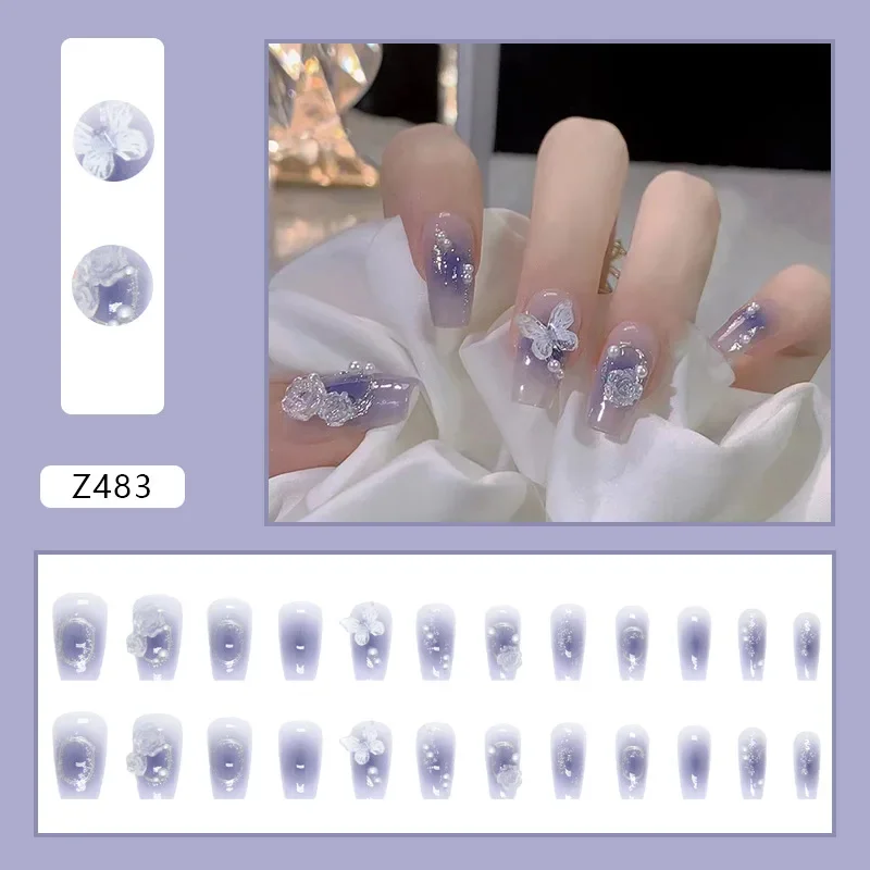 24Pcs Blue 3D Butterfly Coffin Fake Nails Art Long Ballet Detachable Wearing Press on Nail Tips Full Cover Diy False Nail