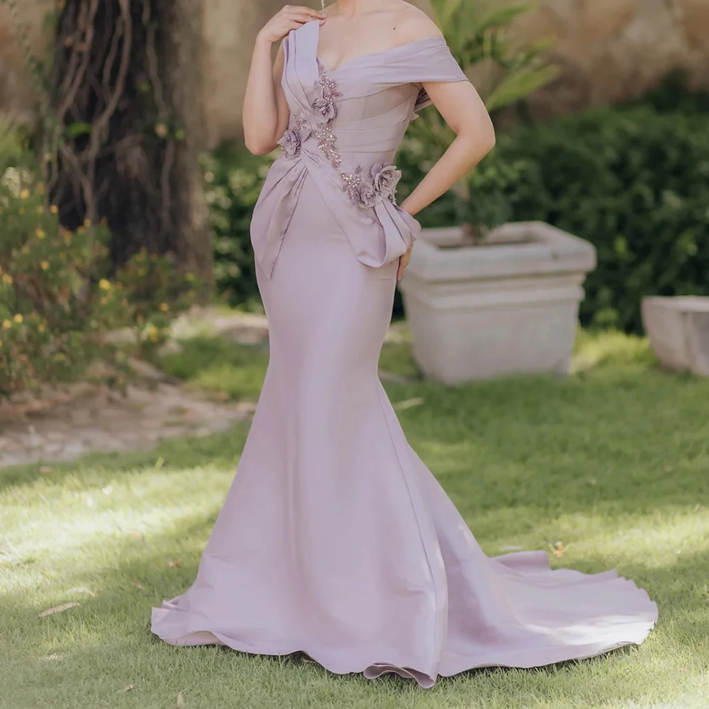 

Customized Mermaid Evening Dresses Floor-length Off The Shoulder Sleeveless Prom Gown Fashion Flowers Sequined Pleat Party Gown