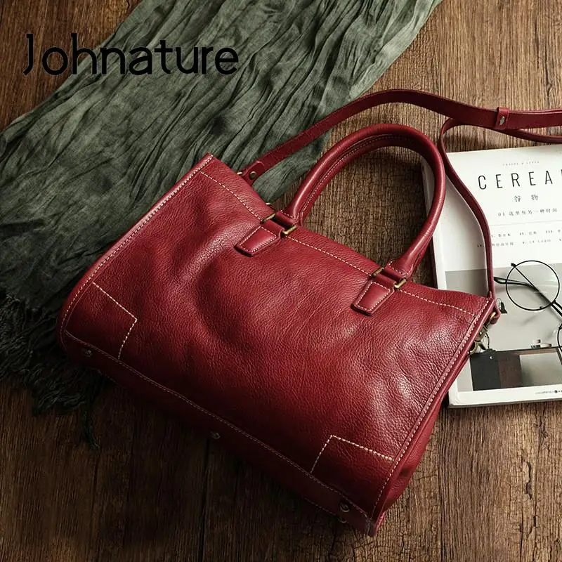 Johnature 2024 New Genuine Leather Large Handbag Women Bag Natural Soft Cowhide Casual Tote Solid Color Simple Shoulder Bags