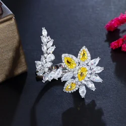ThreeGraces Elegant Yellow Cubic Zirconia Silver Color Adjustable Size Big Flower Engagement Rings for Women Prom Jewelry R183