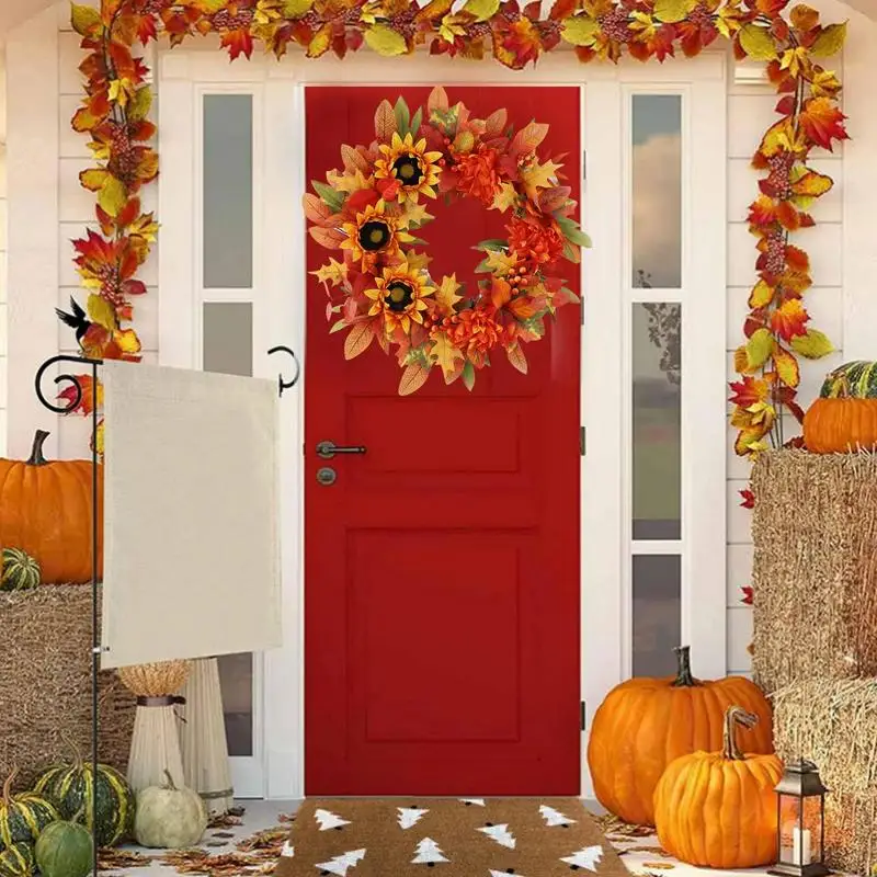 Sunflower Door Wreath Artificial Thanksgiving Wreaths Decorations 50Cm/19Inch Maples Leaves Sunflower Farmhouse Rustic Porch