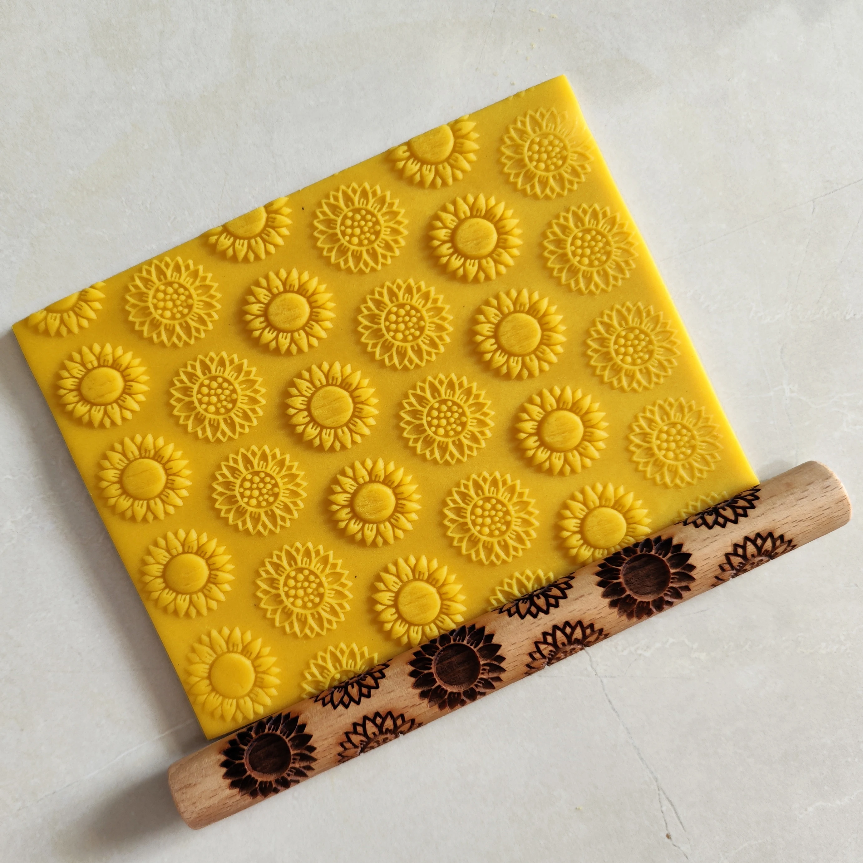 Sunflower Design Natural For Cookies DIY Baking Dough Fondant 3D Wooded Embossed Rolling Pins
