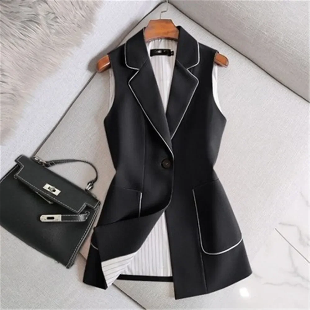 2023 Spring Autumn Women Vintage Long Blazer Vest Chic Single Button Sleeveless Suit Female Jacket Outwear Waistcoat Tops