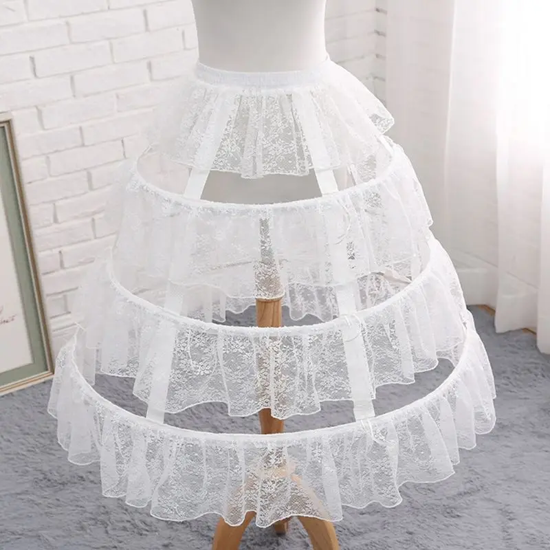 Rok Dalaman 3 Lingkaran Putih Wanita Gaun Cosplay Lolita Crinoline Tali Kolor Dapat Disesuaikan Renda Bunga Ruffle