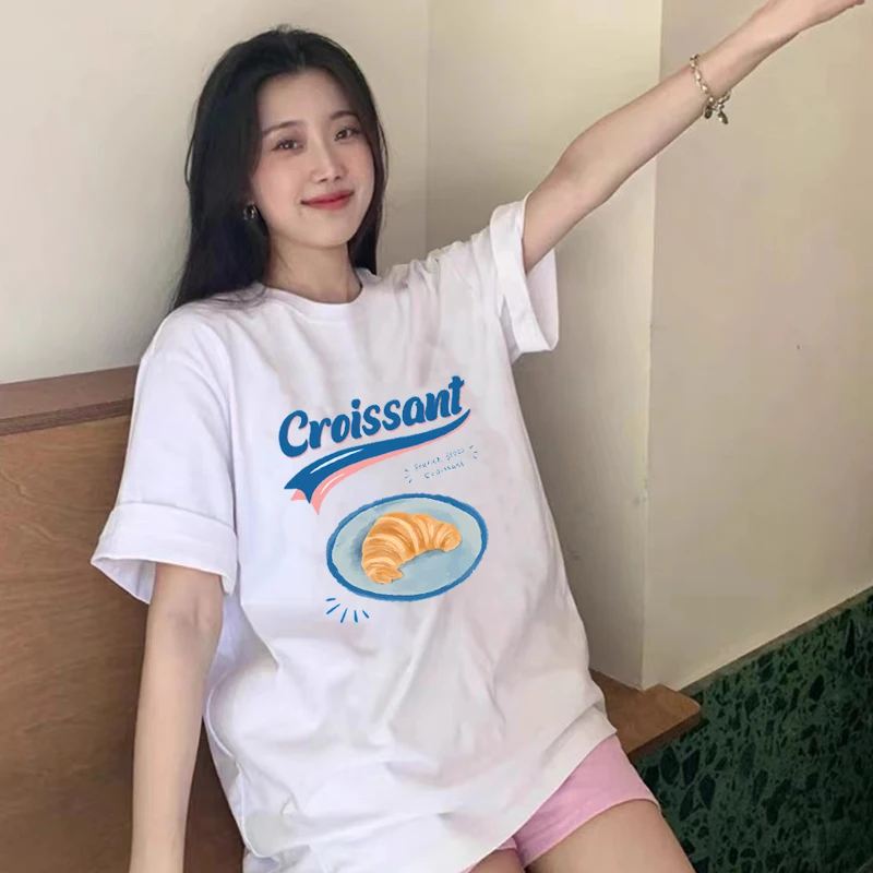 Korean Female T-Shirts Croissant Print Tops Short Sleeve O-Neck Women Cotton Y2k Tee Oversized Tshirt Female streetwear Clothing