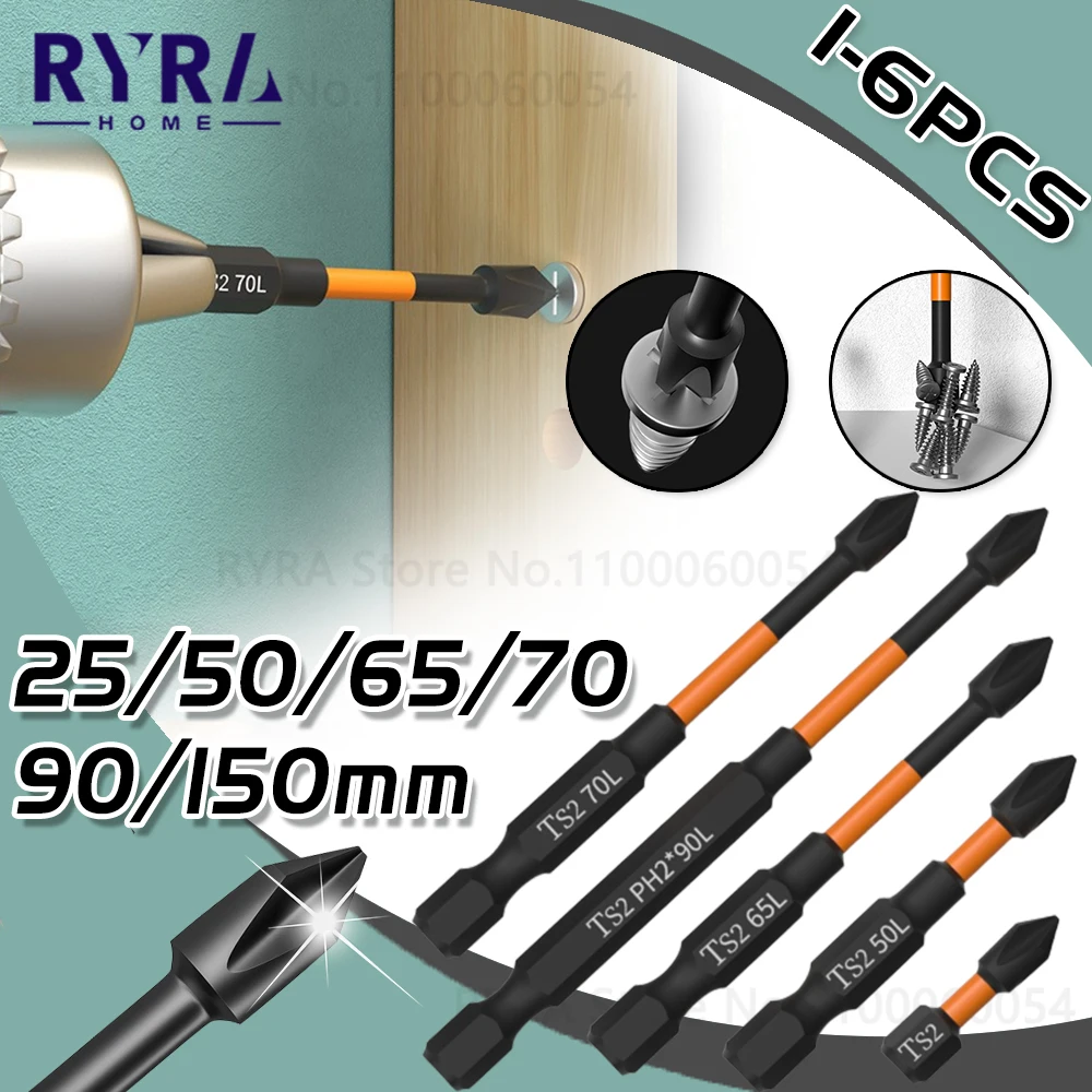 1-6PCS Magnetic Batch Head Impact Strong Cross Bit High Hardness 25/50/65/70/90mm Anti Non-slip Waterproof PH2 Screwdriver Set