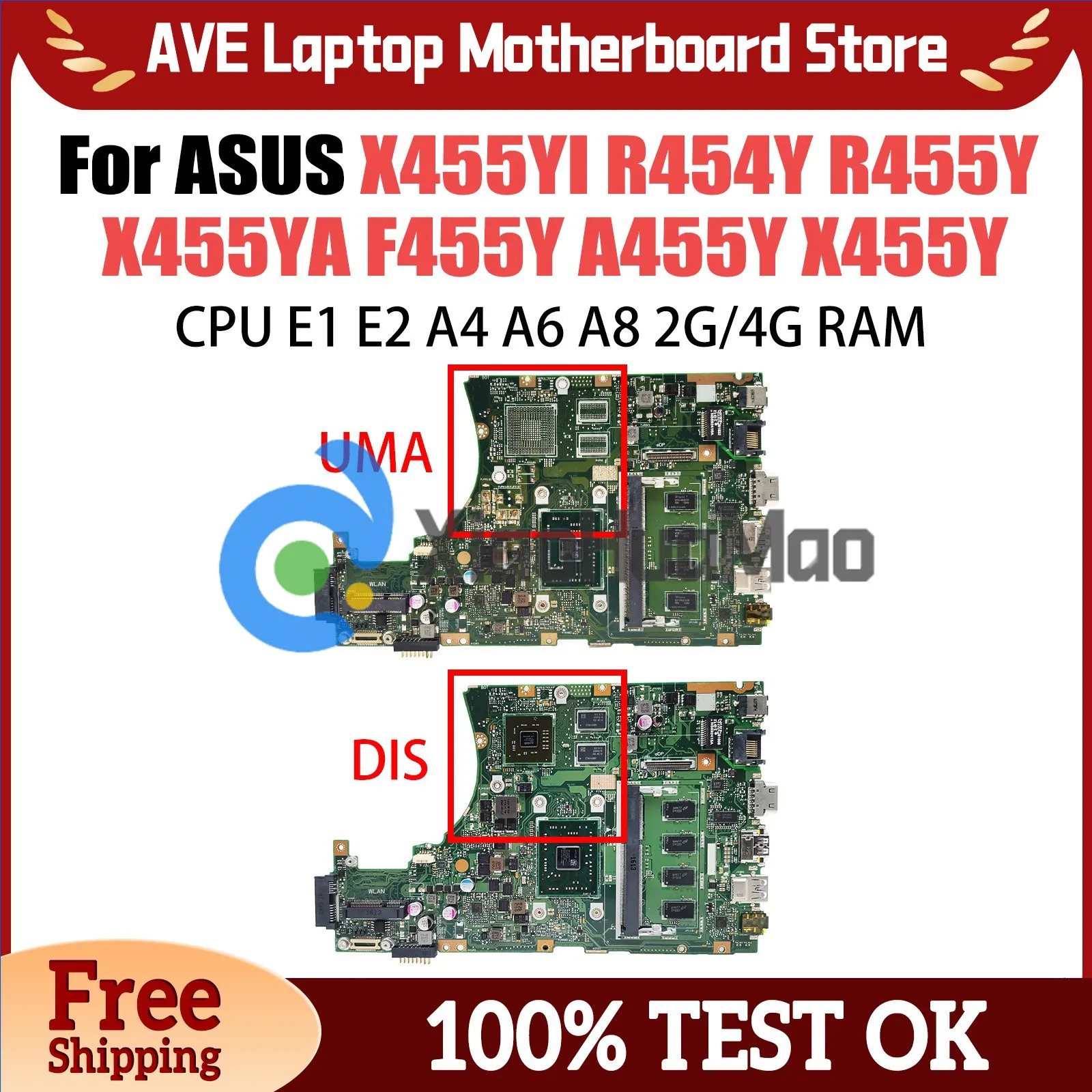 

Computer Mainboard For ASUS X455YI X455Y R455Y R454Y X455YA F455Y A455Y Laptop Motherboard E1 E2 A4 A6 A8 CPU 2G 4G RAM