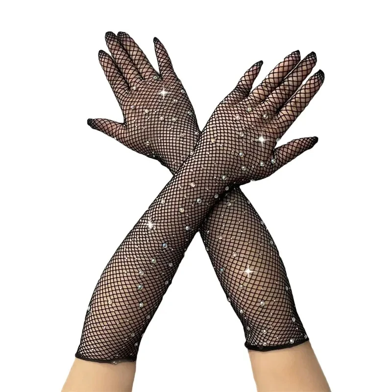 

Women Rhinestone Fishnet Gloves Elegant Glitter Long Evening Opera Gloves for Wedding Party Dance