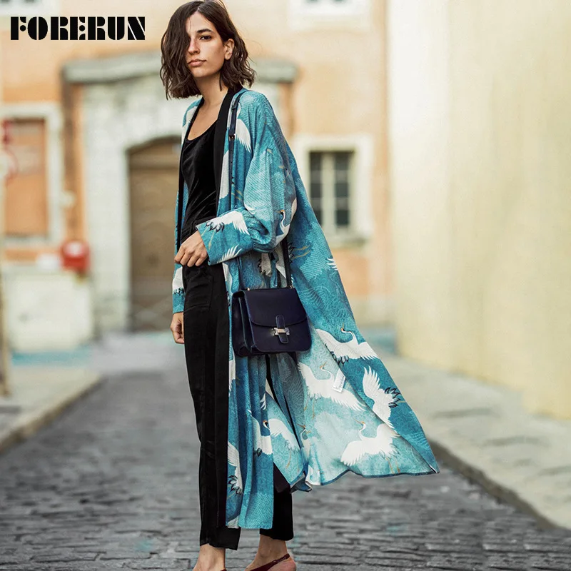 FORERUN Bohemian Kimono Long Women Printed Loose Pareo Femme Sarong Swimwear Beach Cover Up Cardigan Mujer Verano 2022