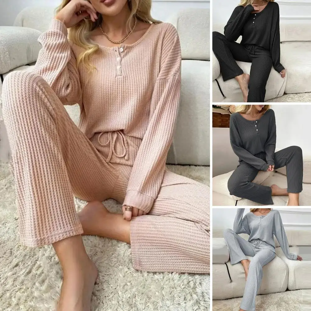 Solid Color Pajama Set Women Pajama Set Women's Solid Color Waffle Texture Pajama Set Comfy O-neck Tops Elastic Waist Wide Leg