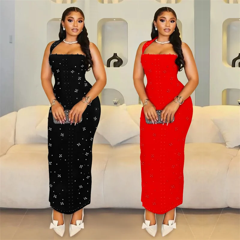 เซ็กซี่เพิร์ลเพชรBodycon Maxiชุดผู้หญิงElegant Evening Night Party Club Halter Backless SheathแยกชุดยาวVestidos