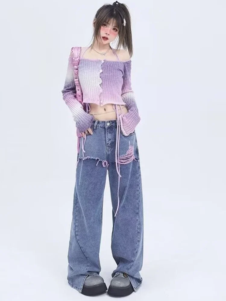 Jeans Women Chic Temperament Harajuku Simple Japanese Style Summer Streetwear Symmetrical Slit Tassel Spliced Denim Trousers New