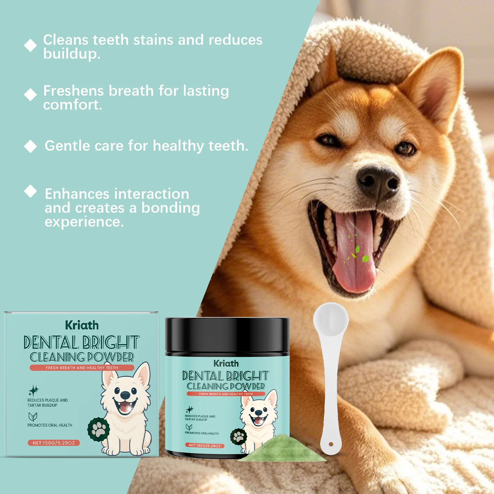 Pet Tooth Cleaning Powder No Brush Plaque Tartar Remove Natural Breath Fresh Teeth Stain Remove Daily Dogs Oral Care Powder 150g