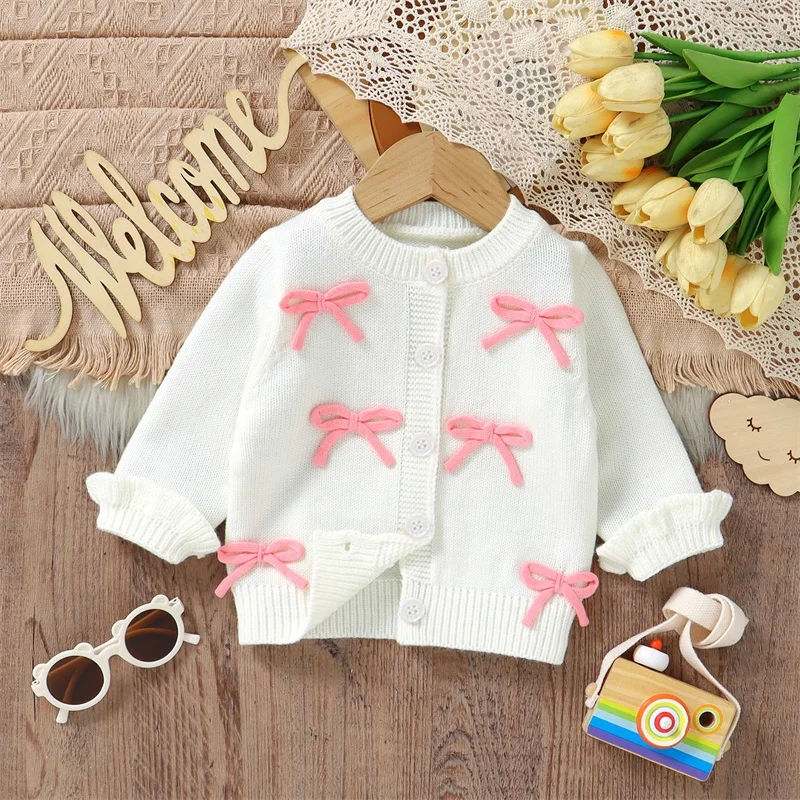 

0-3Years Bow Decors Knit Cardigans for Baby Girls Autumn Winter Sweet Kids Long Sleeve Crew Neck Buttons Sweaters Coats