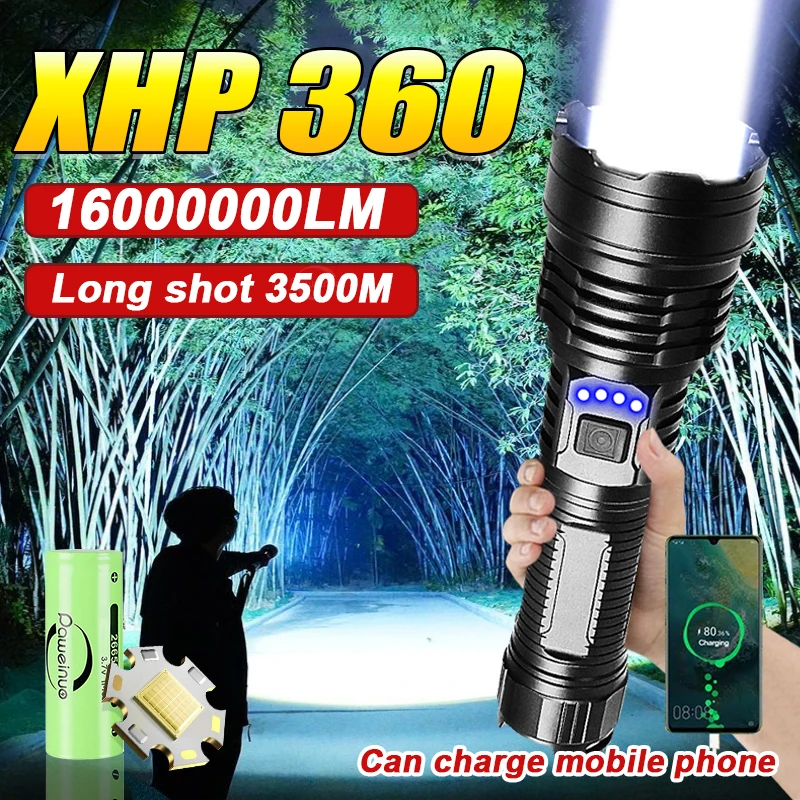 2024 High power XHP360 Led Flashlight Rechargeable Lamp 18650 Torch Ultra powerful Tactical Flashlight Hand Lantern For Camping