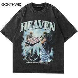 Vintage T Shirt Streetwear Hip Hop Skull Skeleton Angel Graphic Print Punk Gothic Washed Tshirt Harajuku Fashion Casual Tee Tops