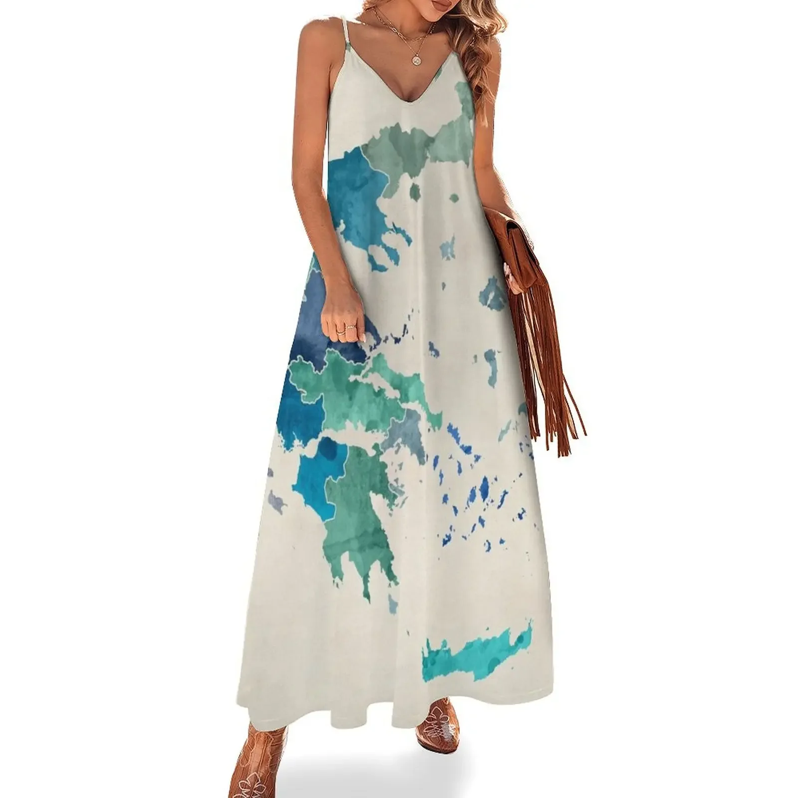 

Greece Watercolor Map Sleeveless Dress Long dress woman dress korean style