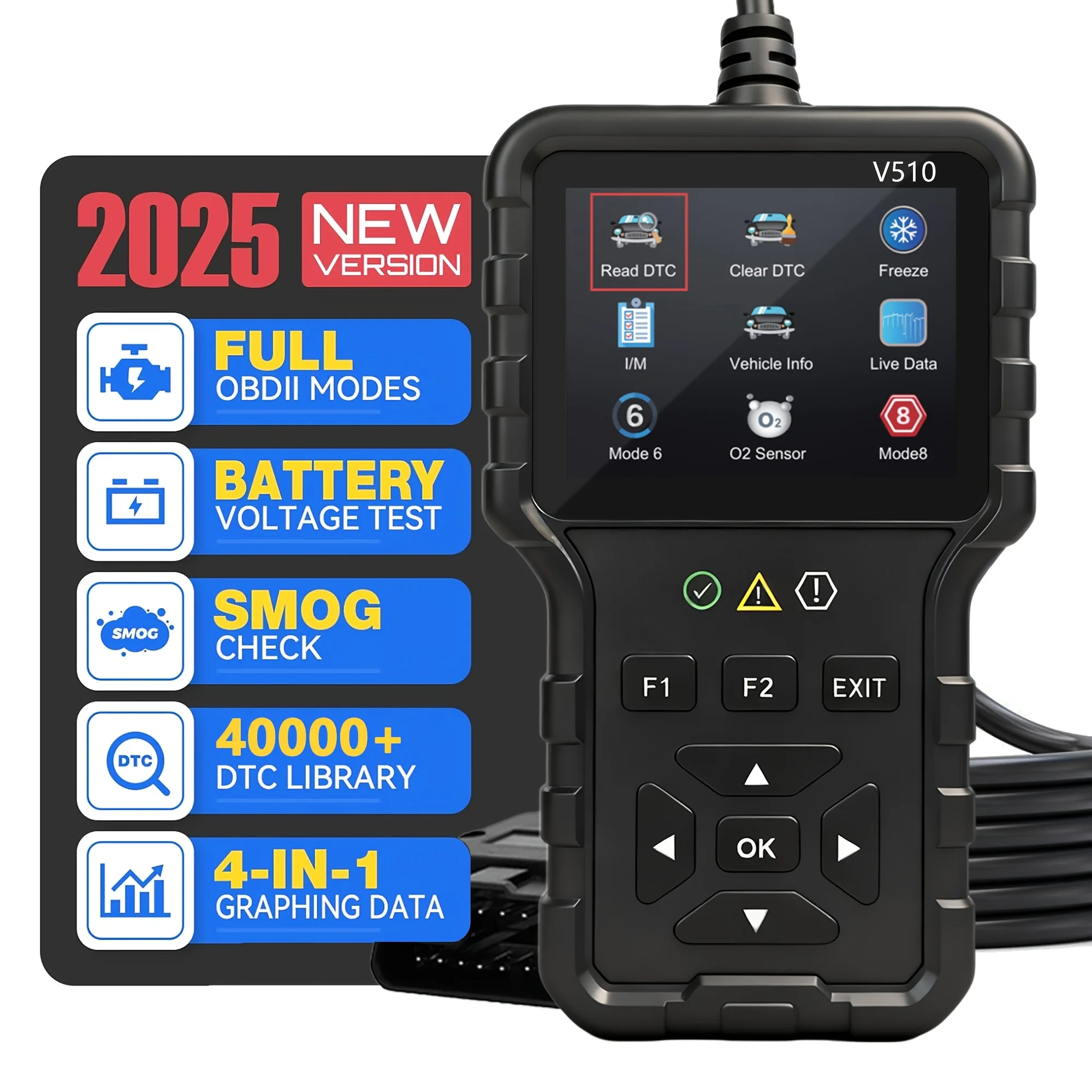 V510 Obd2 Scanner Diagnostic Tool |   Battery Tester, Engine Fault Code Reader, Real-Time Data, Dtc Search, Frozen Frame, Scan Too