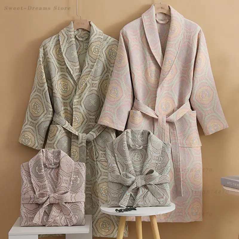 

Халат для пар из 100% хлопка, высококачественная домашняя одежда для сна, весенне-осенний толстый халат-кимоно, ретро-принт, домашняя одежда, одежда для отдыха, нижнее белье