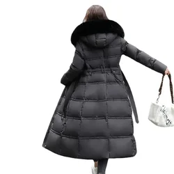 Winter 2023 New Down Cotton Parkas Jacket Women X-Long Over The Knee Big Hair Collar Korean Version Slimming Belt Parkas Jacket