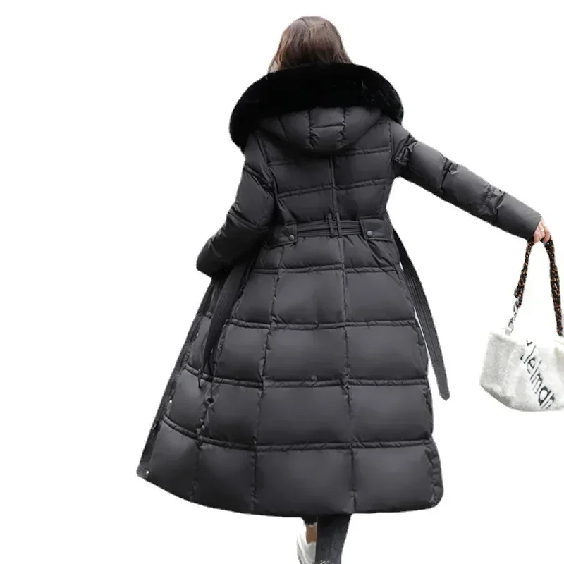 Winter 2025 New Down Cotton Parkas Jacket Women X-Long Over The Knee Big Hair Collar Korean Version Slimming Belt Parkas Jacket