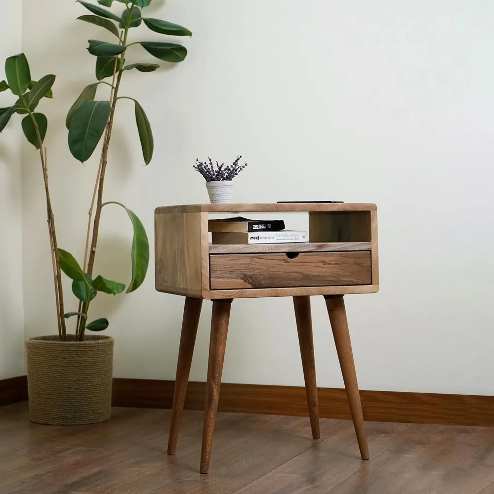 

Mid Century Nightstand with Drawer Solid Walnut Bedside Table with Shelf Nightstand Organizer Unique Style Handmade Bedroom