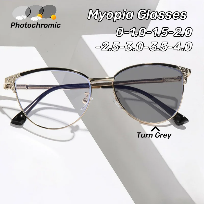

Retro Large Frame Photochromic Myopia Glasses Men's and Women's Anti-Blue Light Fashion Cat Eye Glasses Minus Diopter Eyeglasses
