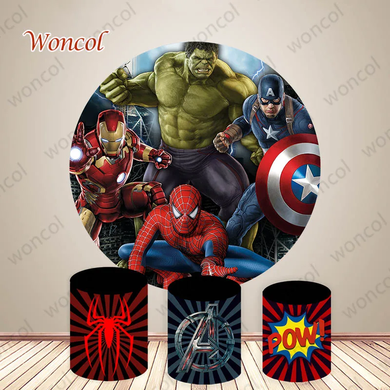 

Marvel Hulk Spiderman Round Backdrop Boy Birthday Baby Shower Backdrop Captain America Iron Man Avengers Cylinder Cover Prop