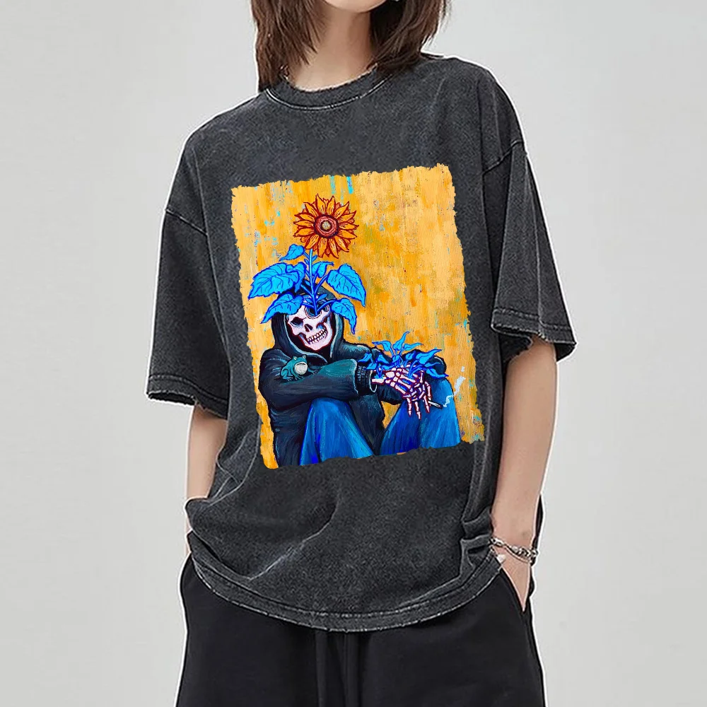 Summer 2024 Unisex T-Shirt Oil Painting Style Skull Frame Print Washed Oversized Short Sleeve Casual Retro Wear Y2K