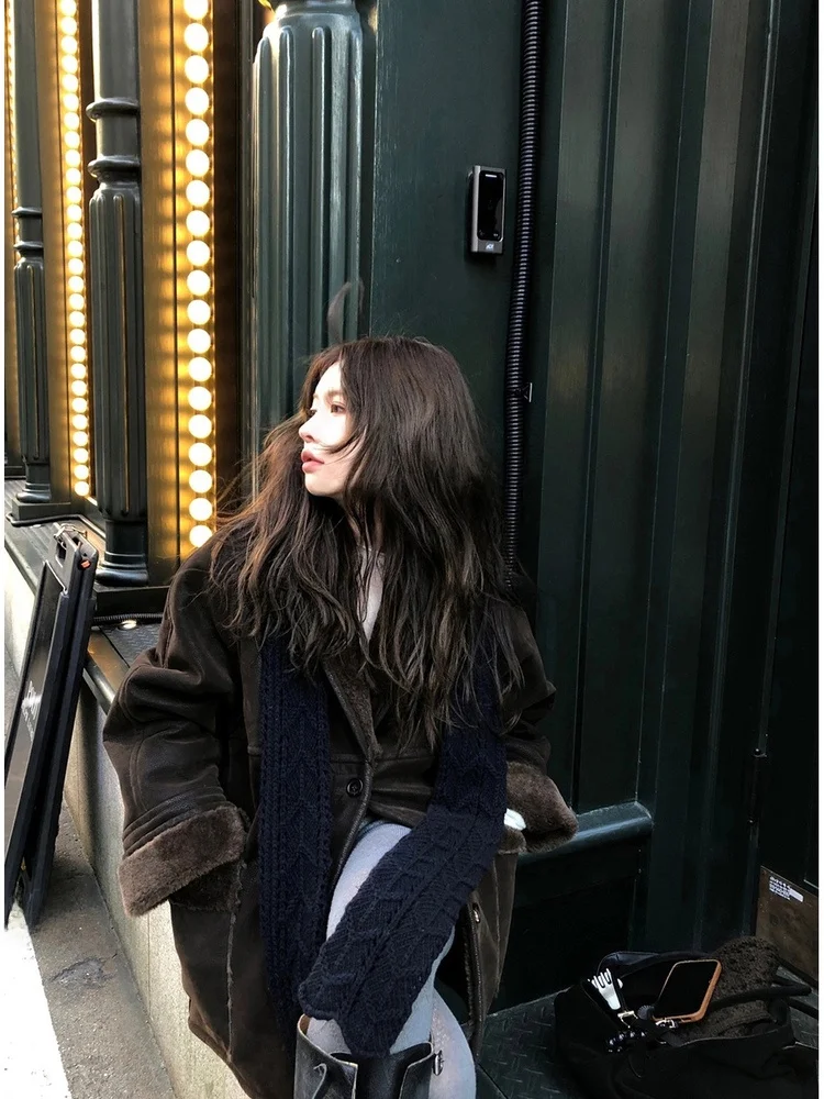 معطف نسائي من جلد الغنم PU فضفاض مناسب عتيق معطف دافئ طويل بأزرار إغلاق متوسطة الطول #2