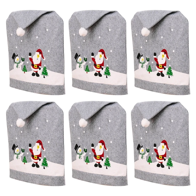 1/4/6PCS Chair Covers Gray Santa Hat Chair Back Slipcovers For Christmas Dining Room Embellishment Chair Decoration B03D