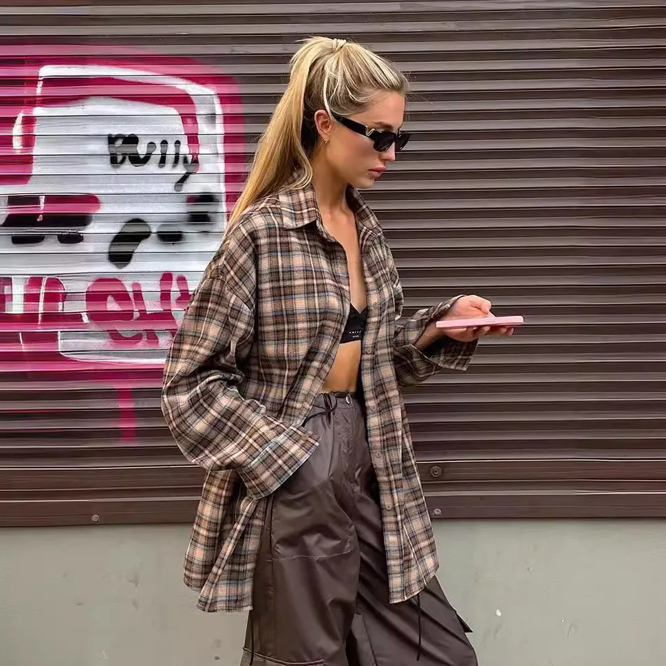 2025 Autumn Casual Plaid Shirt Woman Loose Winter Lapel Buttons Women Coat Full Sleeve Cozy Vintage Khaki Tops Female Streetwear